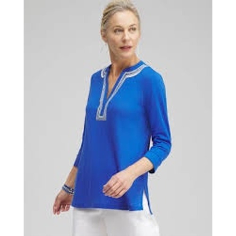 Chico's Linen Embellished Tunic Top Beaded V-Neck Blue Size‎ 1 Medium Boho